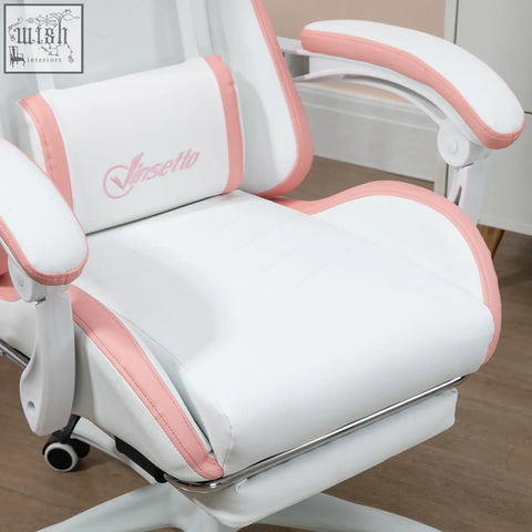 White and pink vinsetto gaming chair with faux leather upholstery padded armrests lumbar pillow included and footrest