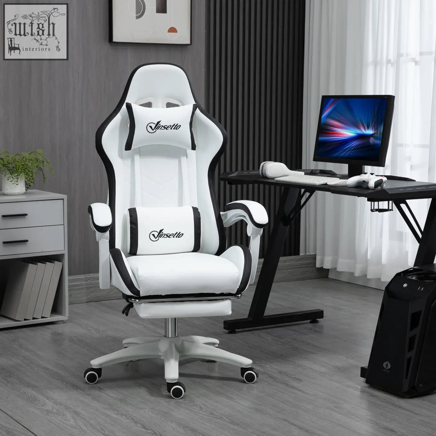 White and black vinsetto gaming chair with faux leather upholstery lumbar pillow included and ergonomic design