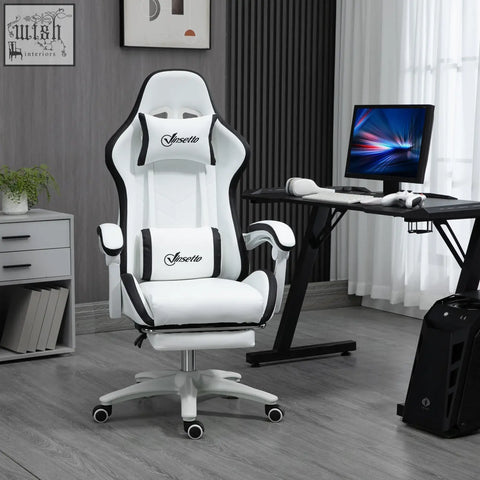 White and black vinsetto gaming chair with faux leather upholstery lumbar pillow included and ergonomic design