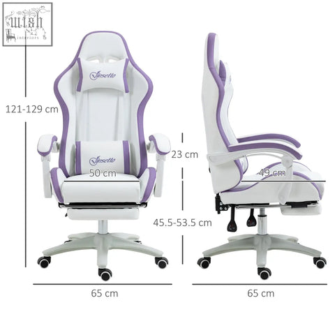 Vinsetto white and purple gaming chair with faux leather upholstery, ergonomic design, lumbar pillow included, and footrest
