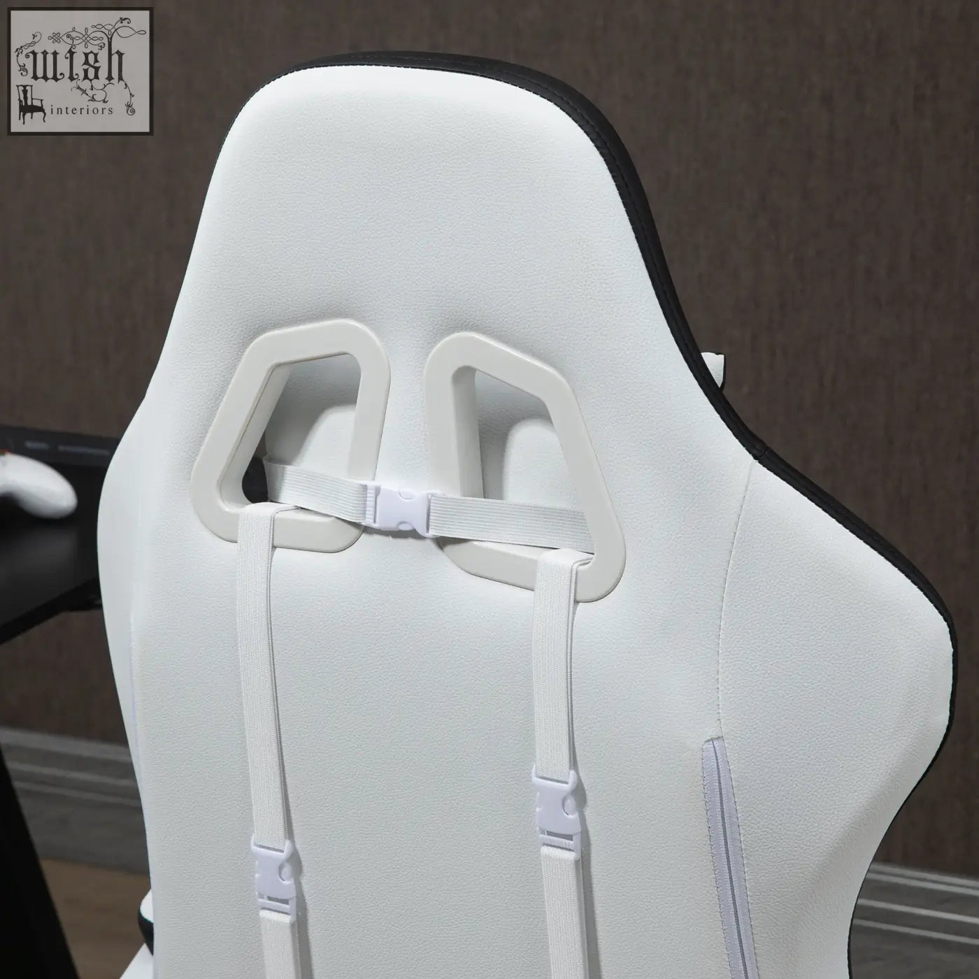 White and black vinsetto gaming chair with faux leather upholstery and lumbar pillow included for desk use