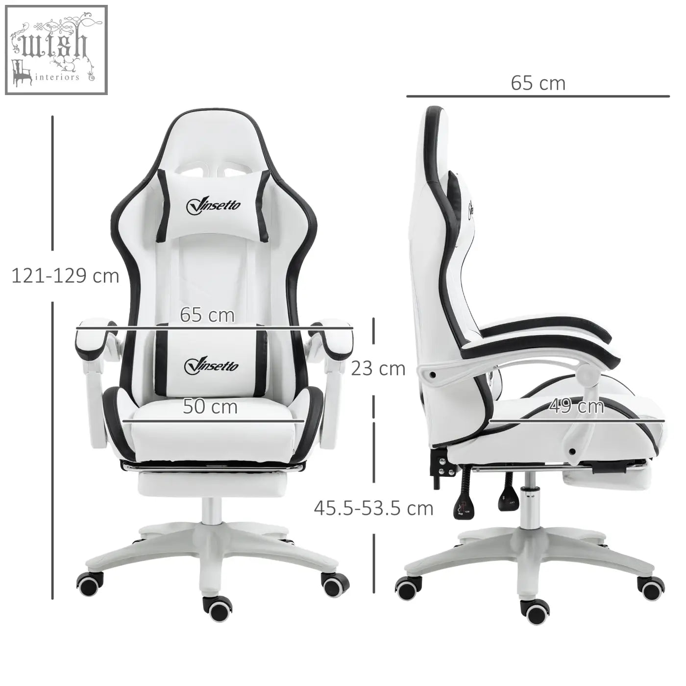 White and black vinsetto gaming chair with faux leather upholstery lumbar pillow included and insetto logo on headrest