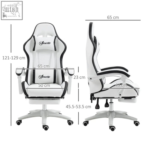 White and black vinsetto gaming chair with faux leather upholstery lumbar pillow included and insetto logo on headrest