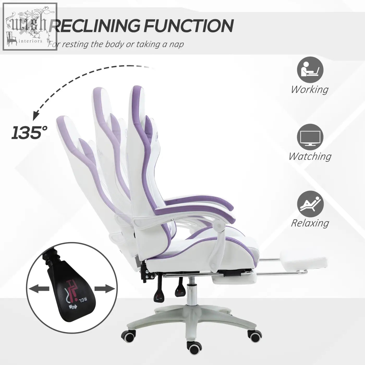 White and purple vinsetto gaming chair with faux leather upholstery reclining 135 degrees and lumbar pillow included