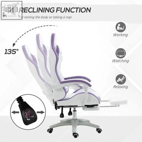White and purple vinsetto gaming chair with faux leather upholstery reclining 135 degrees and lumbar pillow included