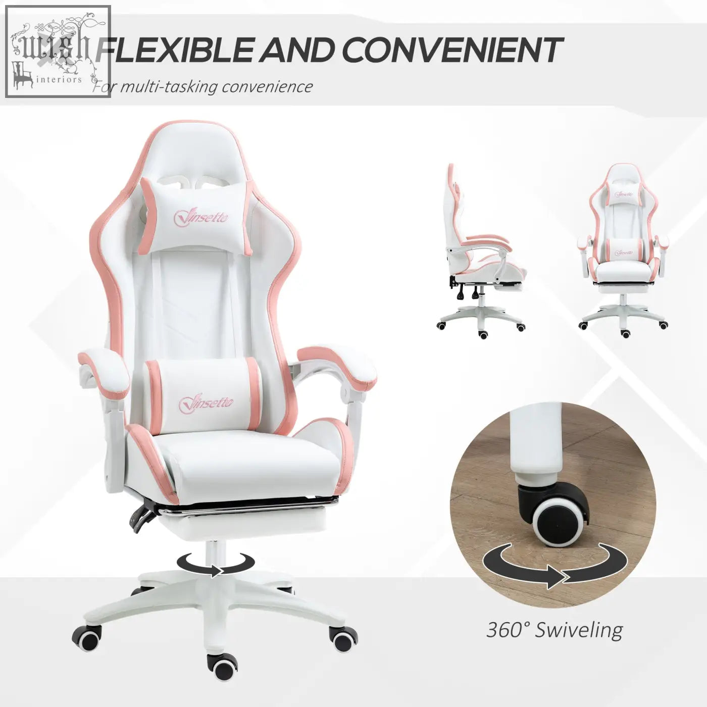 Vinsetto white and pink gaming chair with faux leather upholstery lumbar pillow included and adjustable footrest
