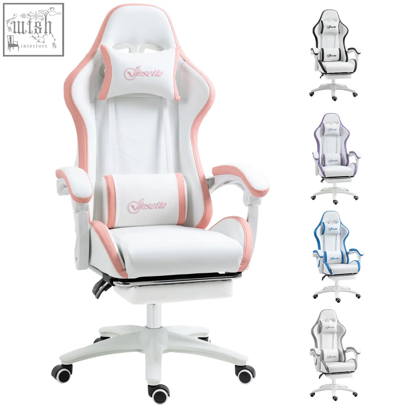 Vinsetto white and pink gaming chair with faux leather upholstery lumbar pillow included and adjustable armrests