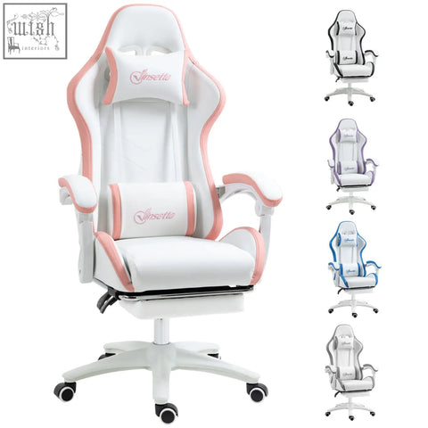 Vinsetto white and pink gaming chair with faux leather upholstery lumbar pillow included and adjustable armrests