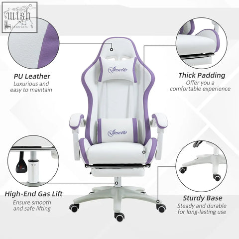 Vinsetto white and purple gaming chair with faux leather upholstery lumbar pillow included and reclining backrest