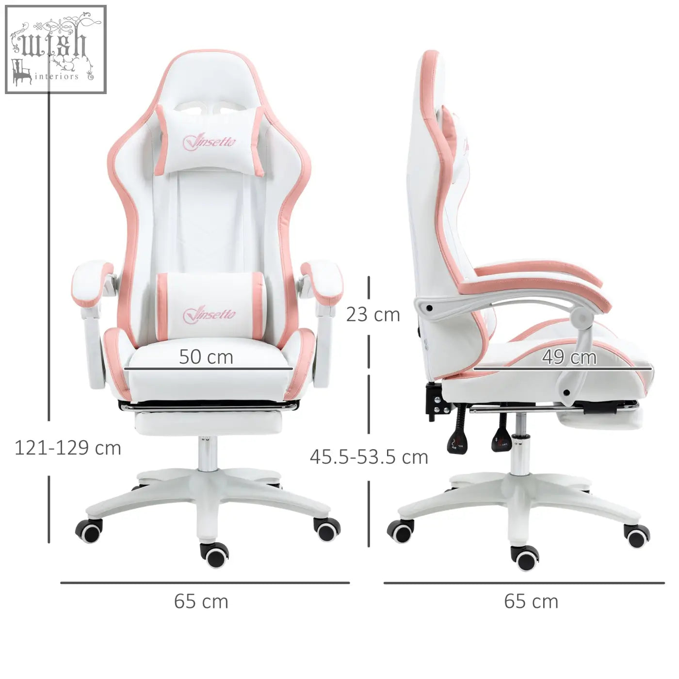 Vinsetto white and pink gaming chair with faux leather upholstery lumbar pillow included footrest and adjustable armrests