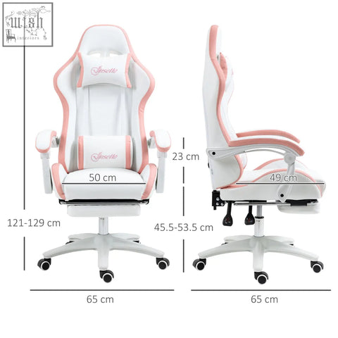 Vinsetto white and pink gaming chair with faux leather upholstery lumbar pillow included footrest and adjustable armrests