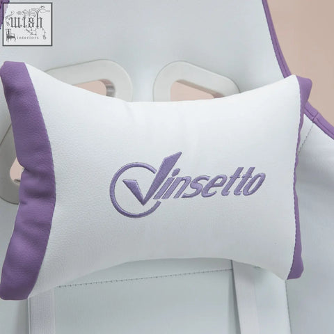 White and purple vinsetto gaming chair headrest pillow with embroidered design and faux leather upholstery lumbar pillow included