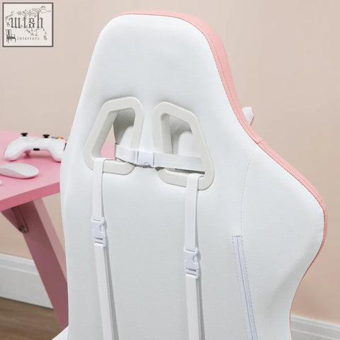 Vinsetto gaming chair with white and pink faux leather upholstery lumbar pillow included and adjustable headrest straps