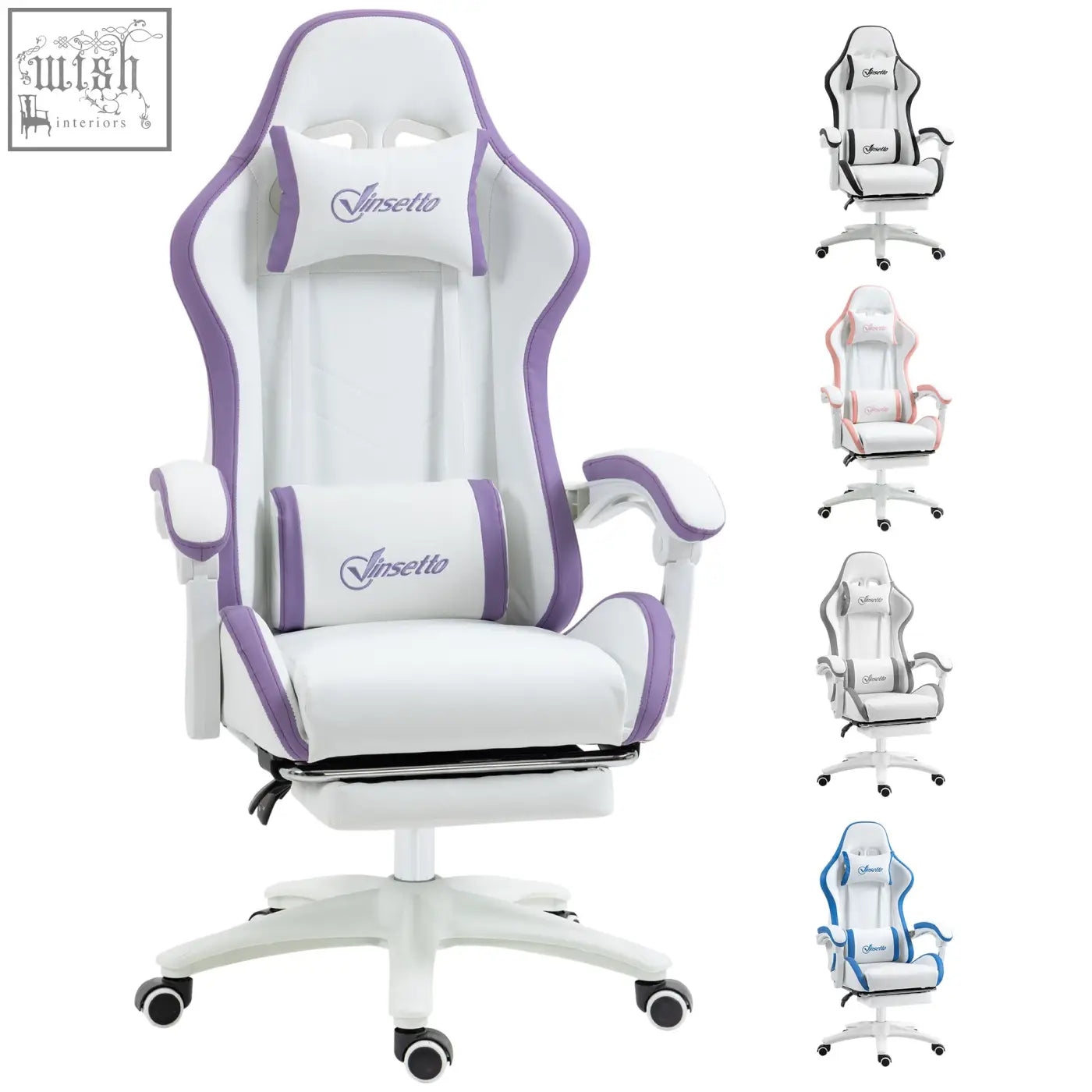 Vinsetto white and purple gaming chair with faux leather upholstery lumbar pillow included and adjustable armrests
