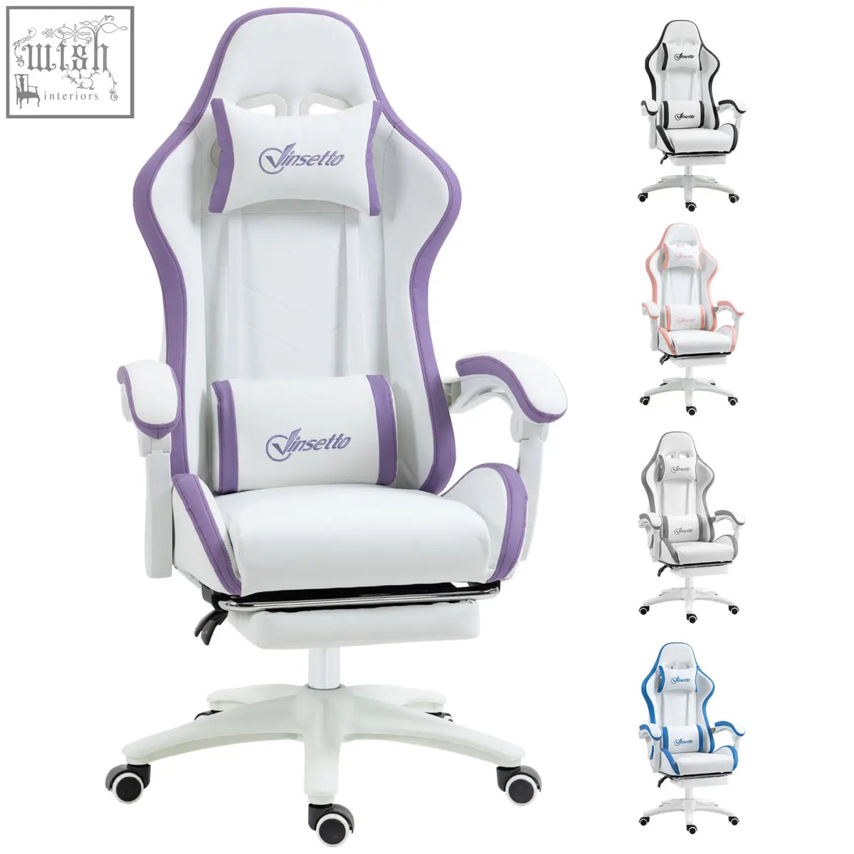 Vinsetto white and purple gaming chair with faux leather upholstery lumbar pillow included and adjustable armrests