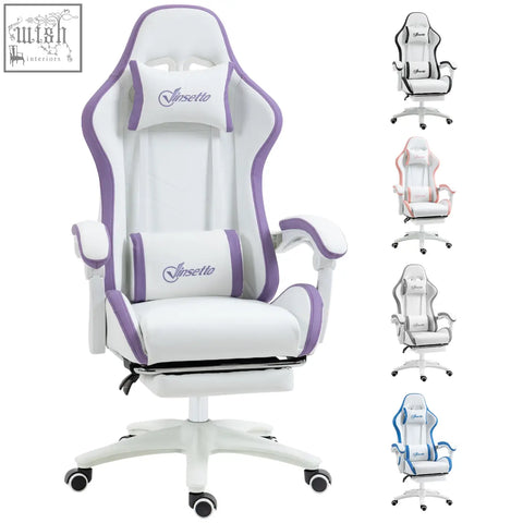 Vinsetto white and purple gaming chair with faux leather upholstery lumbar pillow included and adjustable armrests