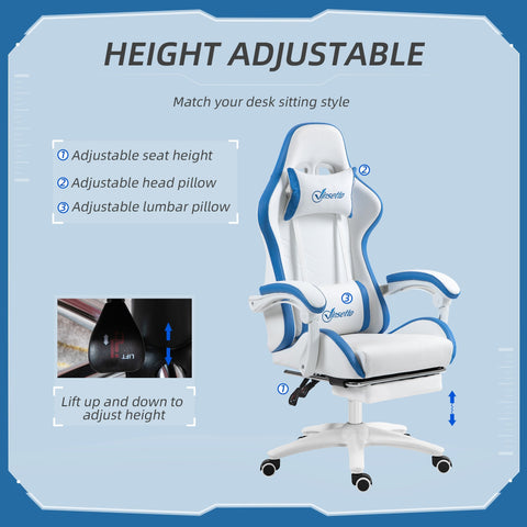 Vinsetto Computer Gaming Chair, PU Leather Desk Chair with Footrest, Swivel Task Chair with 135\'c2\'b0 Reclining Back and Lumbar Support, PC Chair for Adults, White and Blue