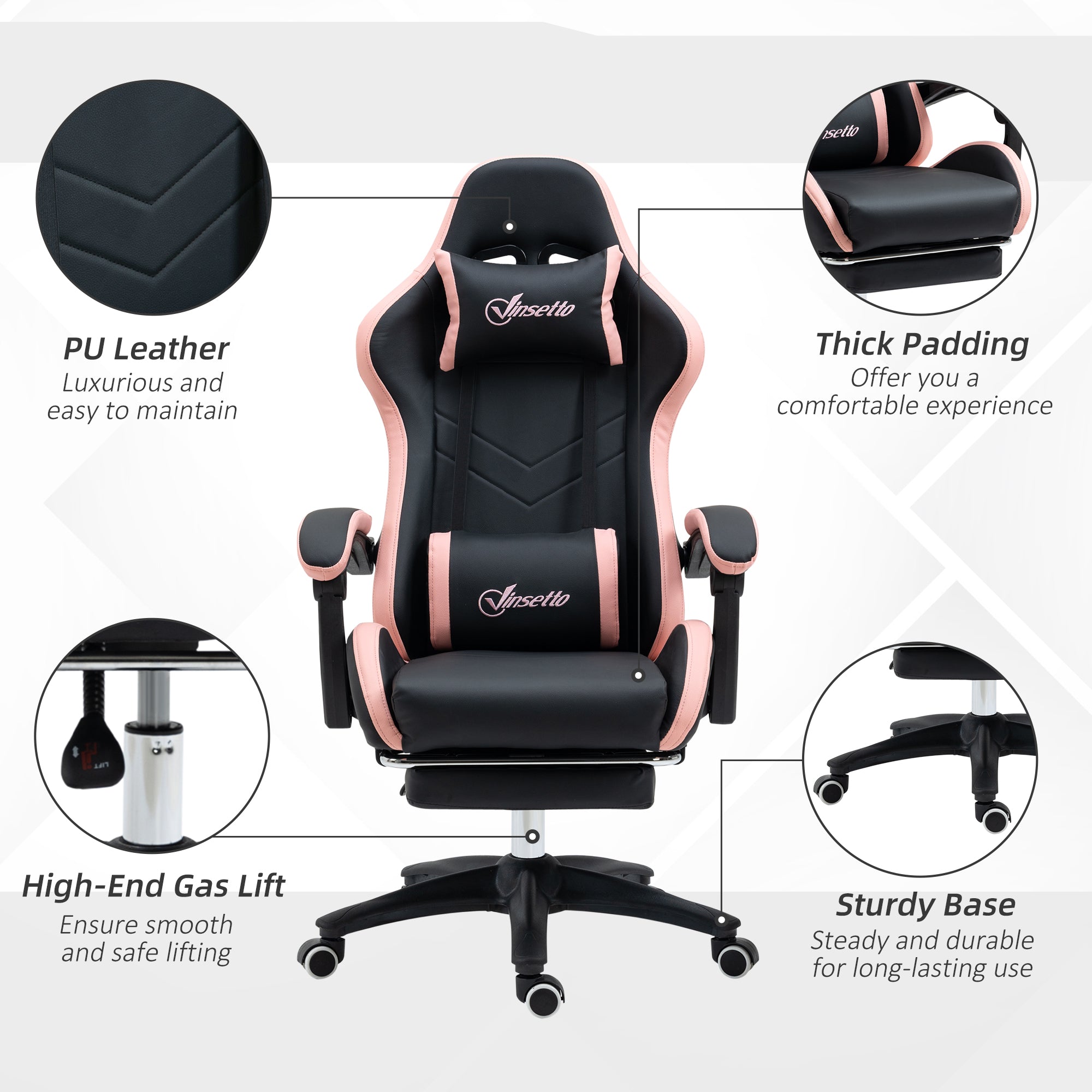 Vinsetto gaming chair in black and pink with faux leather upholstery thick padding lumbar pillow included
