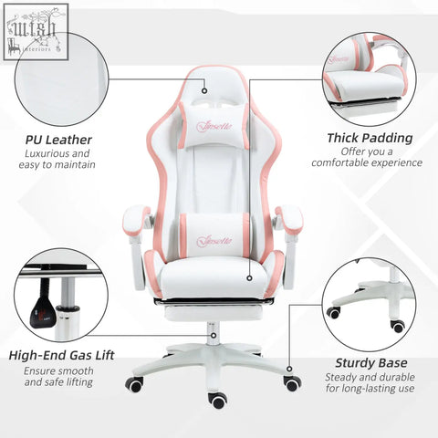 Vinsetto white and pink gaming chair with faux leather upholstery thick padding lumbar pillow included and sturdy base