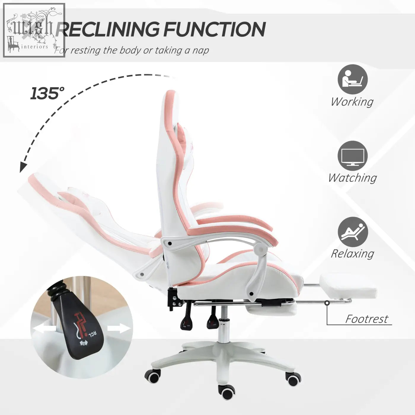 Vinsetto white and pink gaming chair with faux leather upholstery reclining back lumbar pillow included and footrest