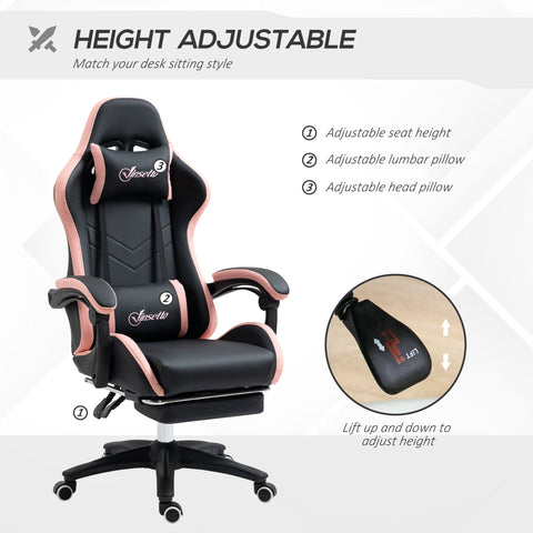 Black and pink vinsetto gaming chair with faux leather upholstery lumbar pillow included and adjustable footrest