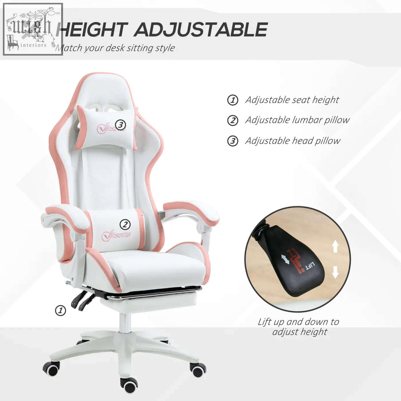 Vinsetto white and pink gaming chair with faux leather upholstery lumbar pillow included and adjustable footrest