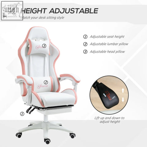 Vinsetto white and pink gaming chair with faux leather upholstery lumbar pillow included and adjustable footrest