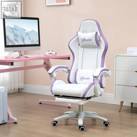 White and purple vinsetto gaming chair with faux leather upholstery lumbar pillow included and reclining backrest