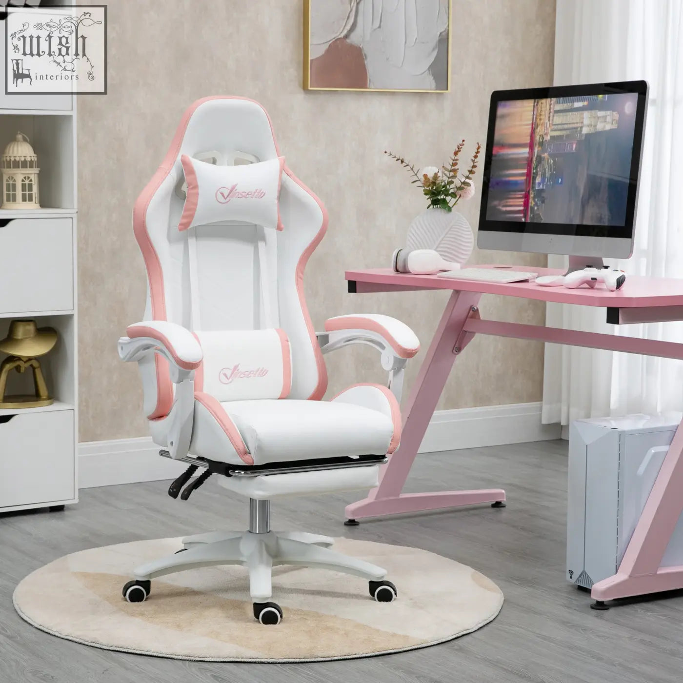 White and pink vinsetto gaming chair with faux leather upholstery lumbar pillow included and ergonomic footrest design