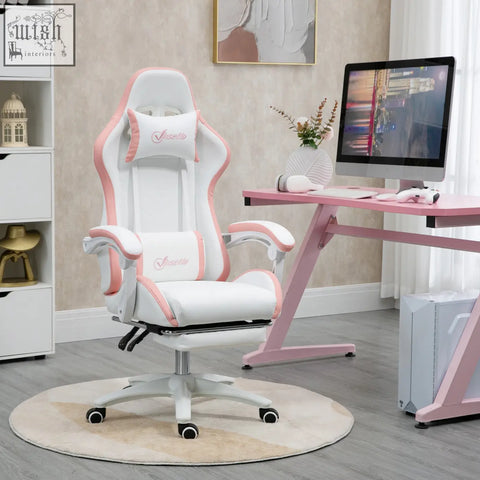 White and pink vinsetto gaming chair with faux leather upholstery lumbar pillow included and ergonomic footrest design