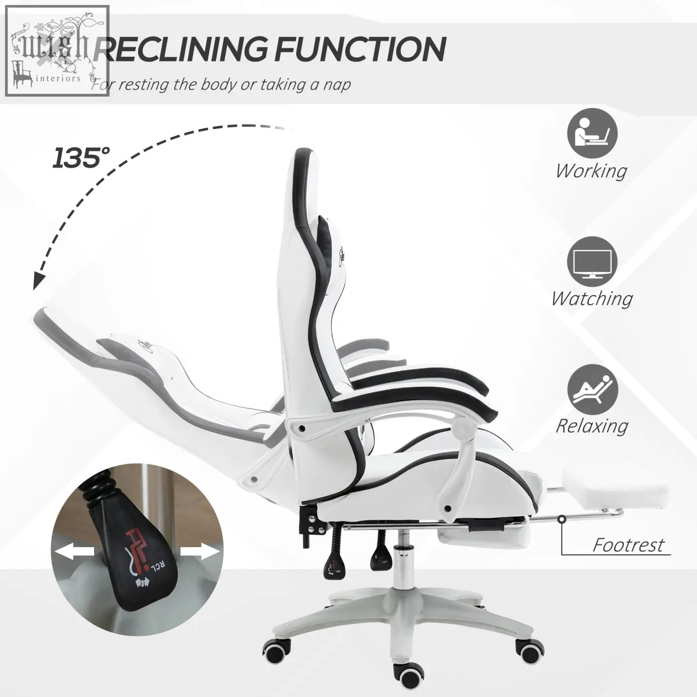 Vinsetto white and black gaming chair with faux leather upholstery lumbar pillow included and adjustable footrest