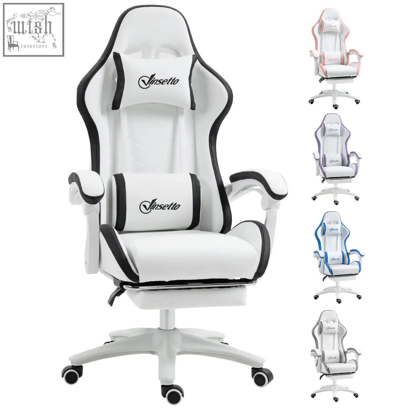 White and black vinsetto gaming chair with faux leather upholstery lumbar pillow included and 135 degree reclining back