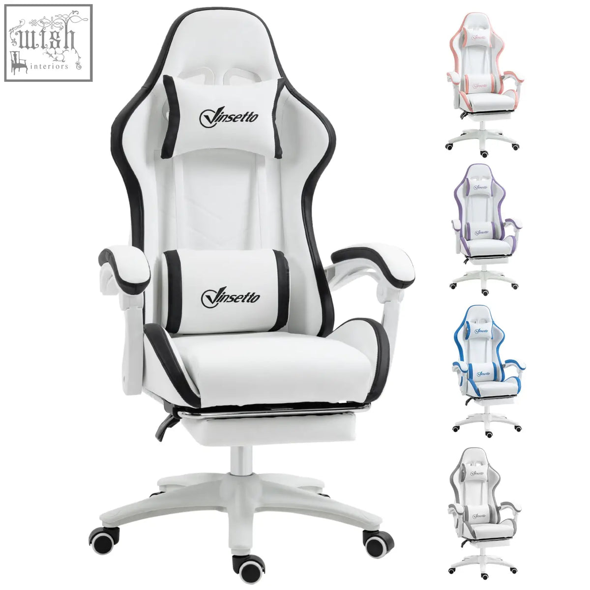White and black vinsetto gaming chair with faux leather upholstery lumbar pillow included and 135 degree reclining back