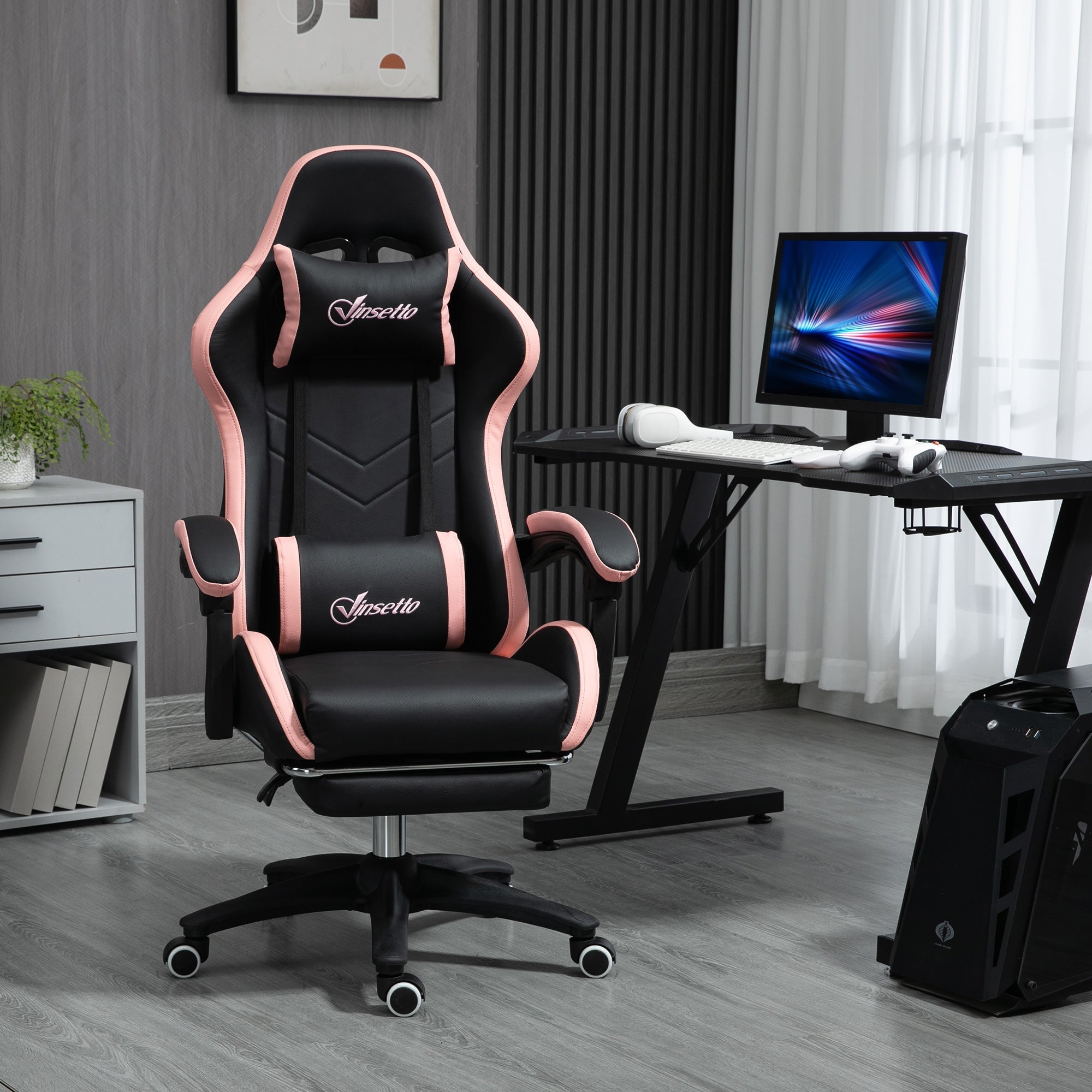 Vinsetto black and pink gaming chair with faux leather upholstery ergonomic design lumbar pillow included