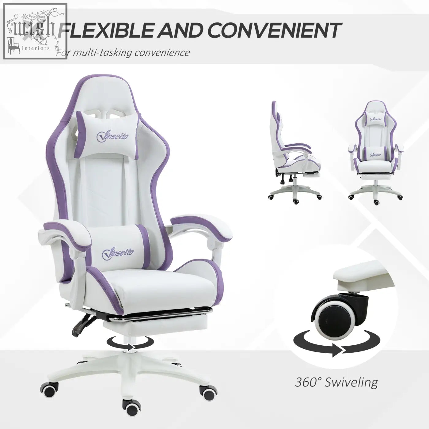 Vinsetto gaming chair in white and purple with faux leather upholstery lumbar pillow included and adjustable features