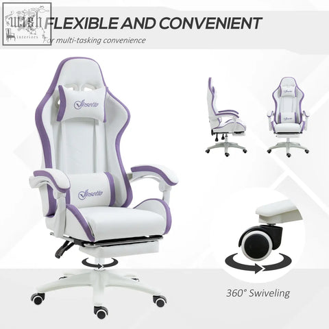 Vinsetto gaming chair in white and purple with faux leather upholstery lumbar pillow included and adjustable features