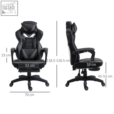 Vinsetto black gaming chair with sleek ergonomic design, faux leather upholstery, white stitch accents, lumbar support, and footrest