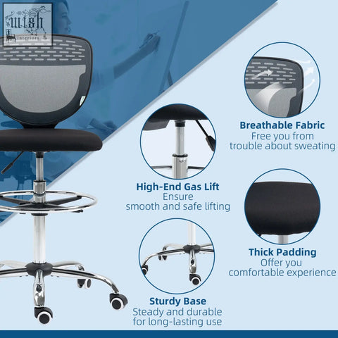 Vinsetto drafting chair with black mesh, chrome base, casters, adjustable seat height, and adjustable foot ring in grey