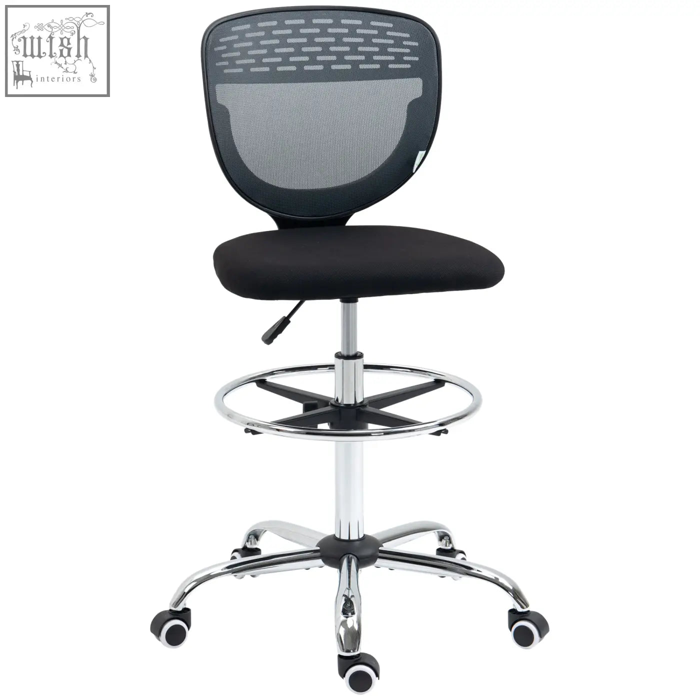 Vinsetto drafting chair with black mesh back, padded seat, chrome base, adjustable seat height and adjustable foot ring