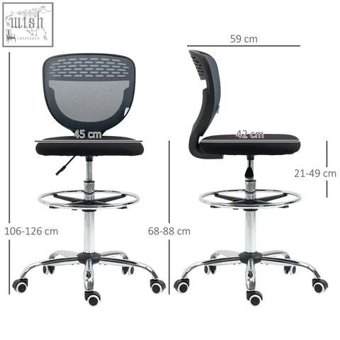 Vinsetto drafting chair with black mesh back, adjustable seat height, adjustable foot ring, chrome base, and casters