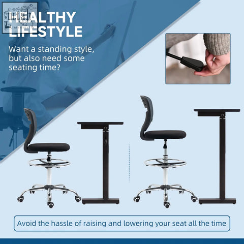 Black vinsetto drafting chair with mesh back, adjustable seat height and foot ring, paired with matching standing desk