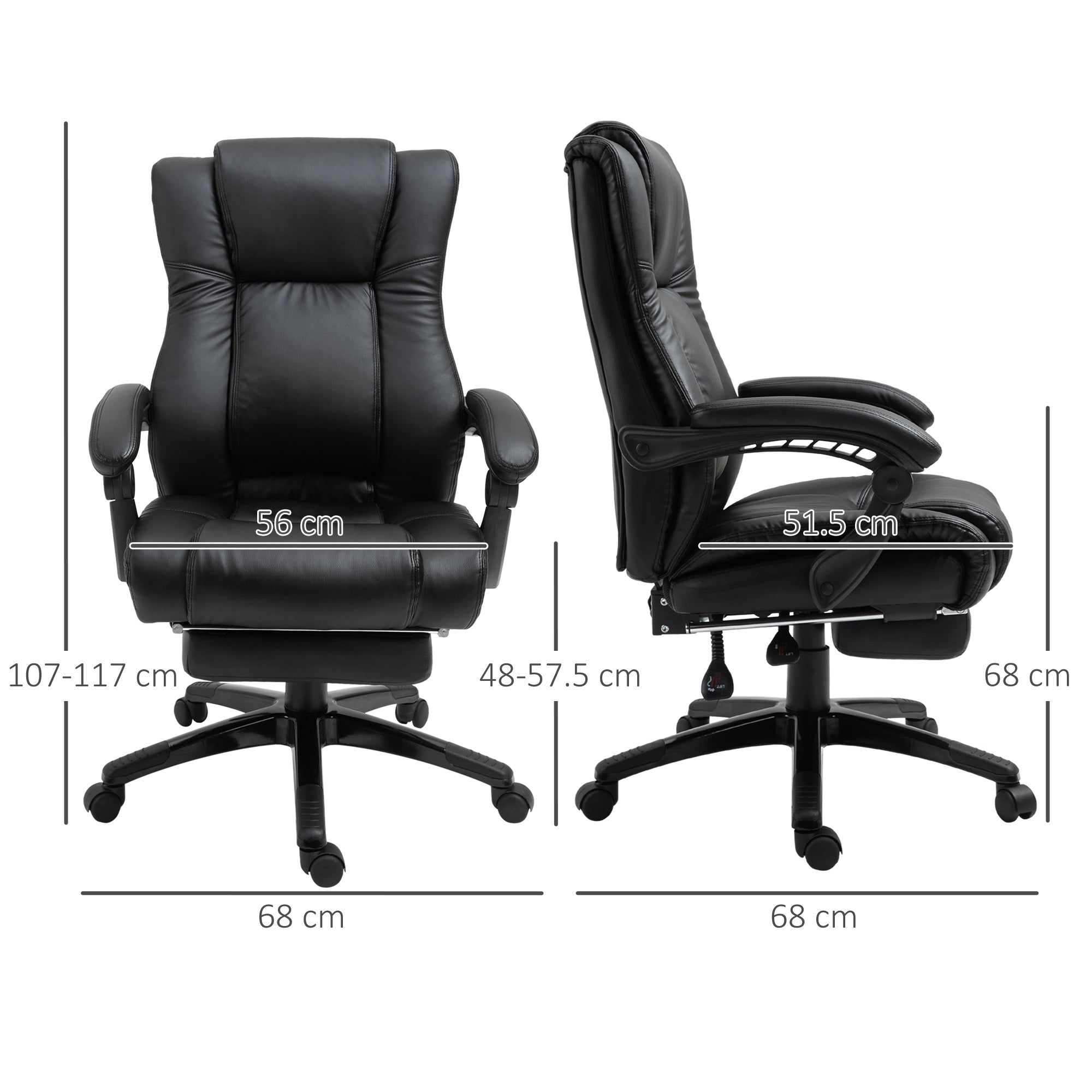 Black vinsetto executive office chair in pu leather with adjustable height footrest wheels and line design for extra comfort