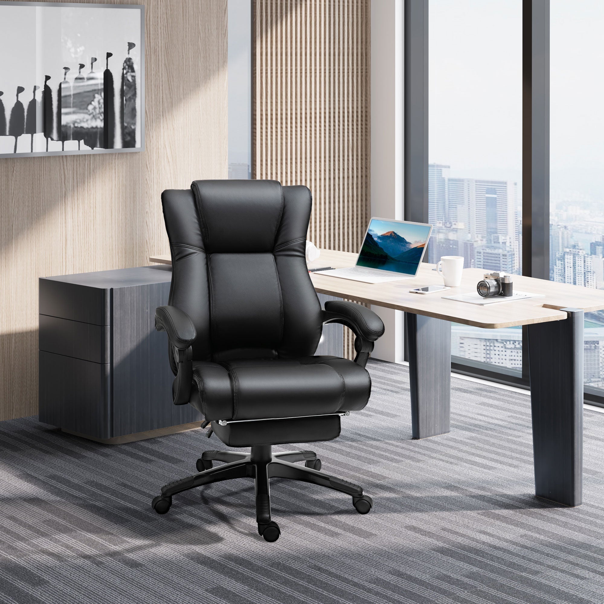 Black vinsetto office chair with pu leather, swivel wheels, adjustable height, footrest, and extra comfort line design