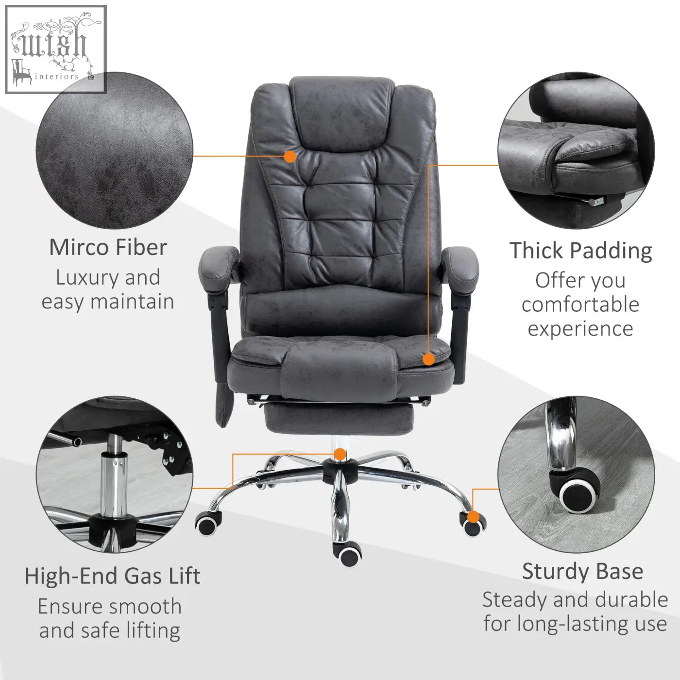 Dark gray leather massage office chair with padded armrests footrest and adjustable swivel ergonomic design