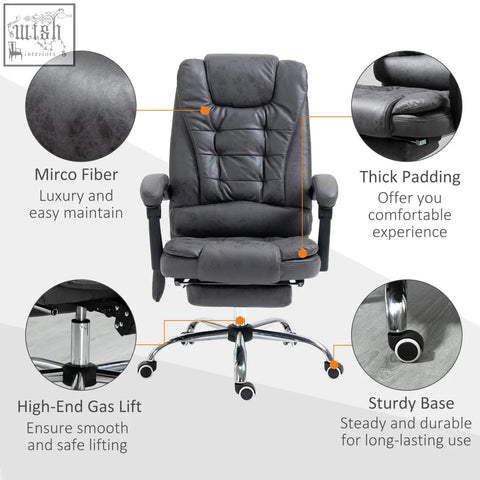 Dark gray leather massage office chair with padded armrests footrest and adjustable swivel ergonomic design