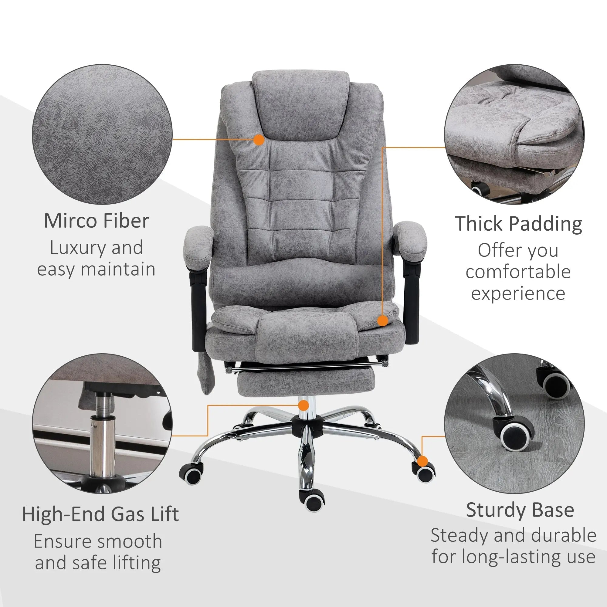 Gray vinsetto massage office chair with stylish microfibre upholstery padded armrests chrome base with casters