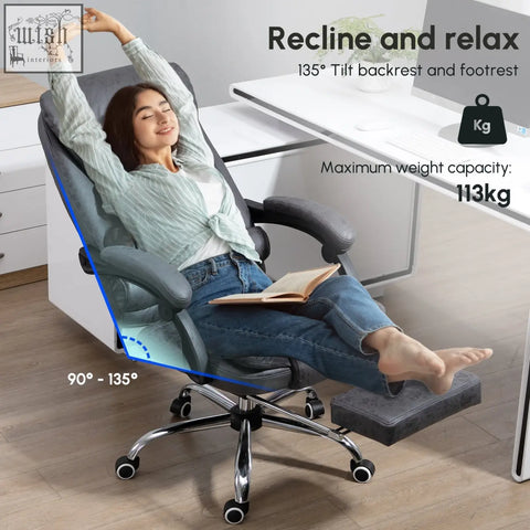 Gray upholstered vinsetto massage office chair with 135 degree recline black armrests and chrome base