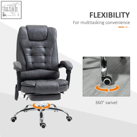 Dark grey vinsetto massage office chair with tufted back, padded armrests, footrest, chrome swivel base with casters