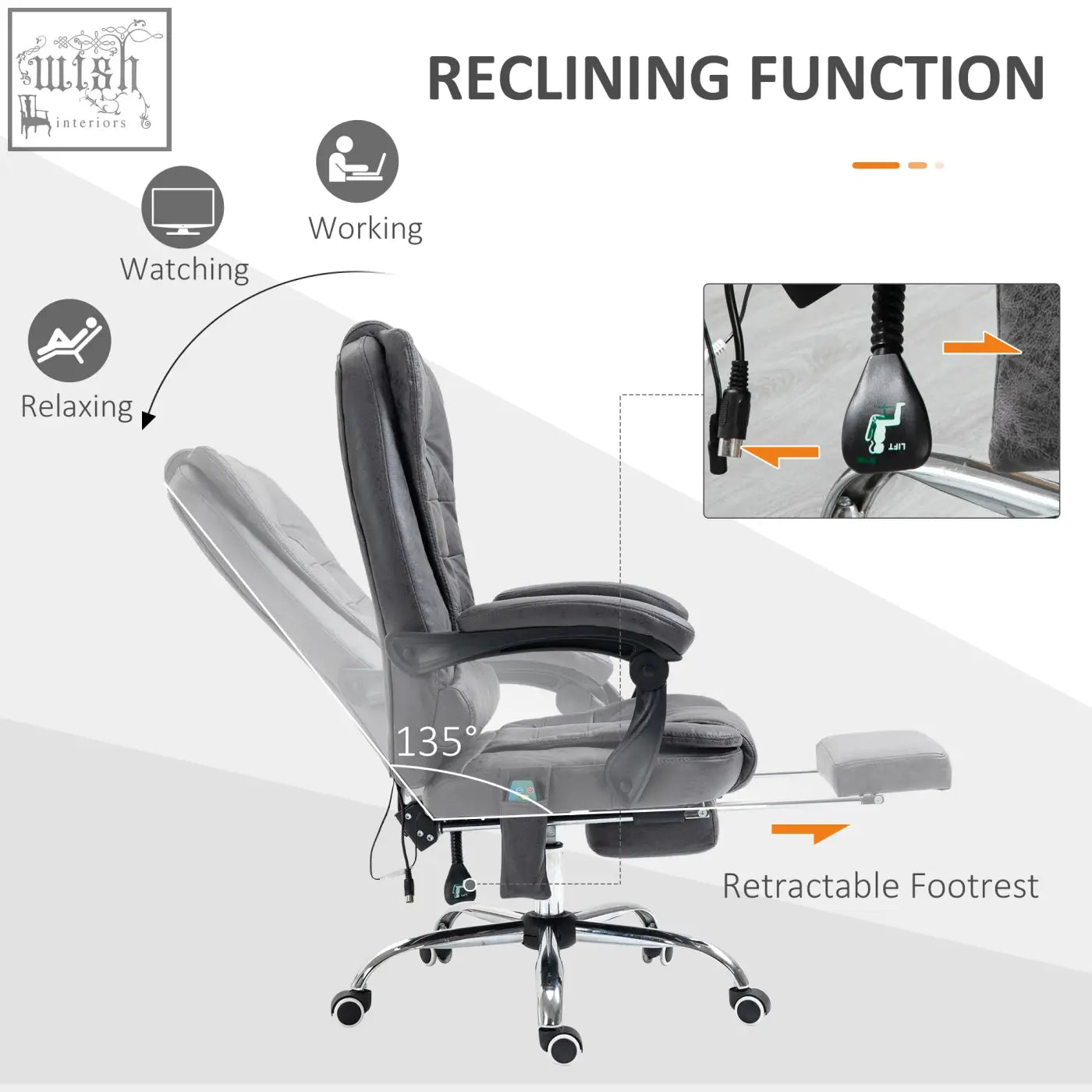 Black leather vinsetto massage office chair with reclining function and retractable footrest in dark grey