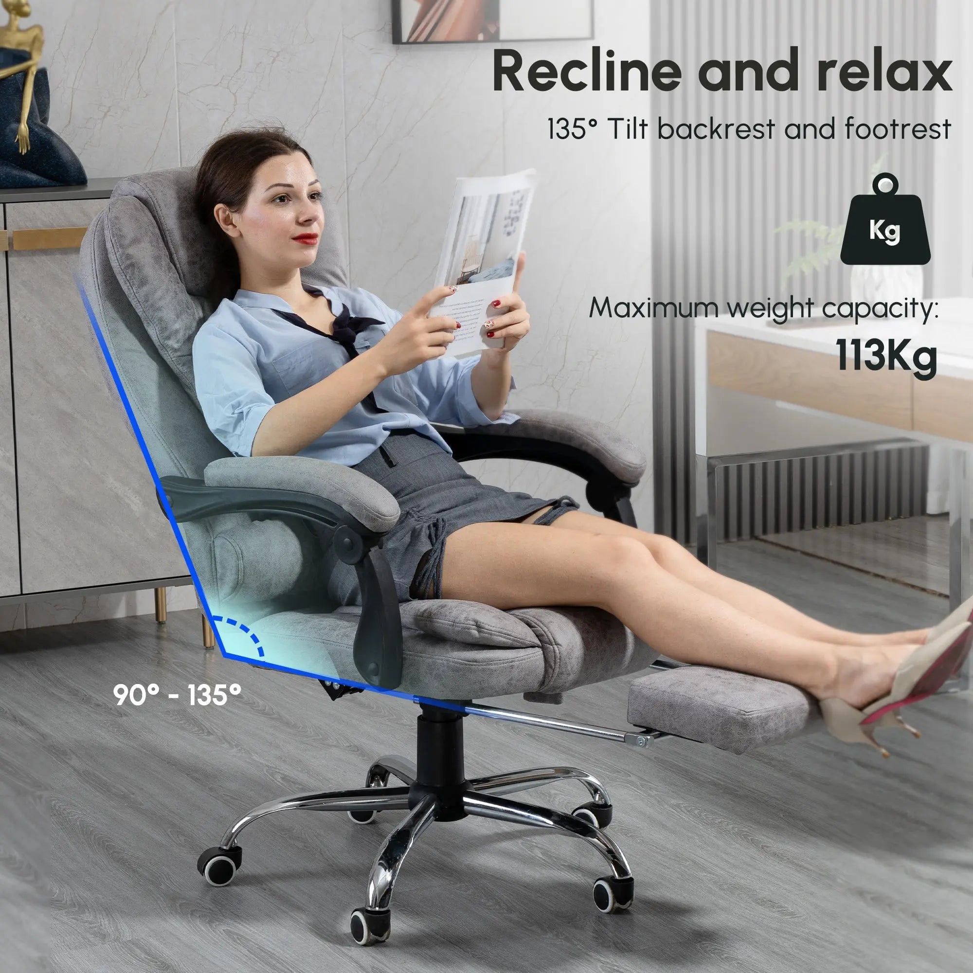 Gray vinsetto massage office chair with stylish microfibre upholstery high back recliner and adjustable footrest